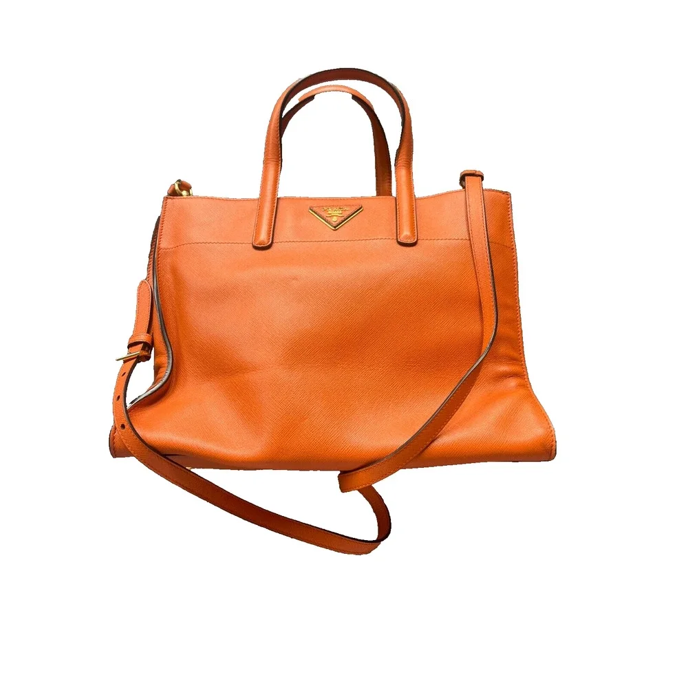 Prada Womens Orange Saffiano Leather Triple Pocket Convertible Tote Bag 13x10 In - Picture 6 of 16
